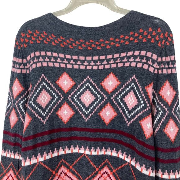 Talbots Nordic Fair Isle Lambswool Sweater Women L Wool Blend Gray Pink High-Low - Picture 3 of 15